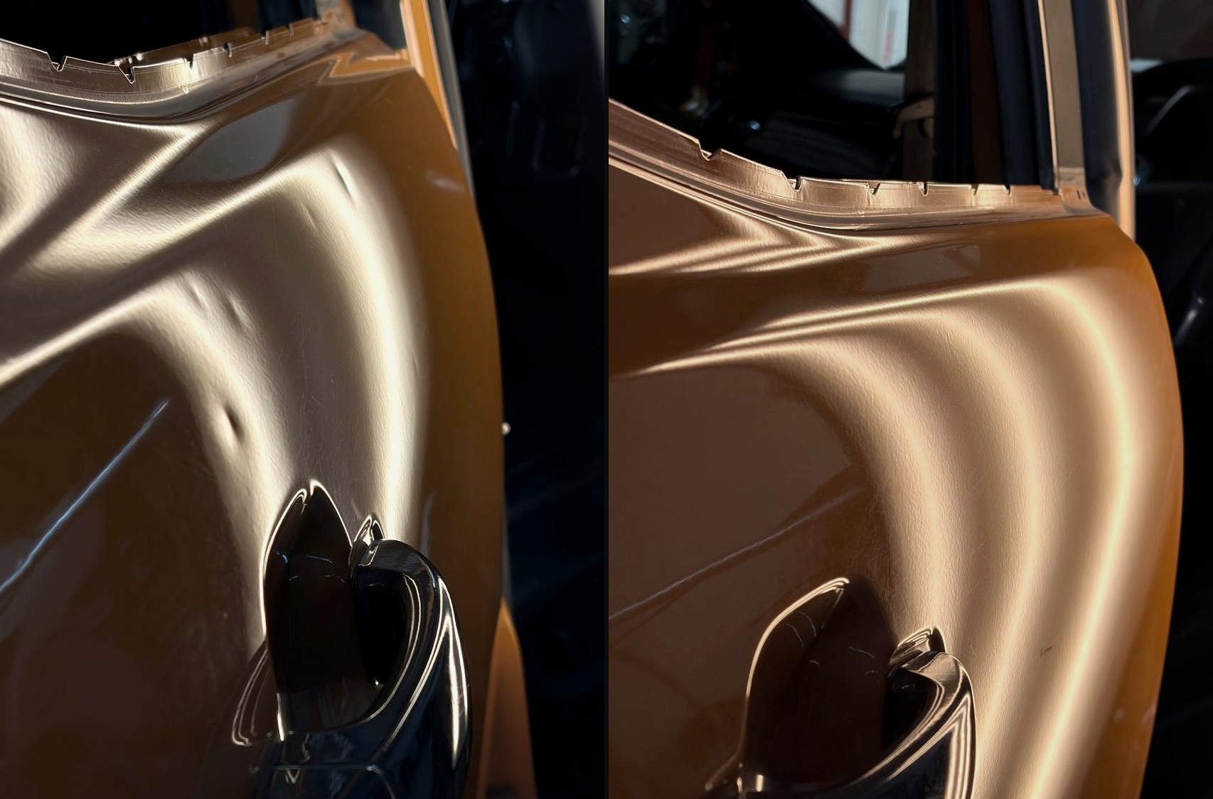 Door body-line dent before and after paintless dent repair